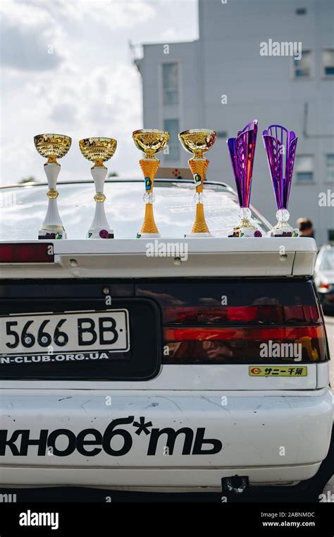 KYIV-28 JULY,2019: Golden trophies on winner vehicle.JDM car show ...