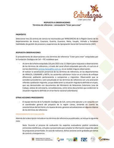 RESPUESTA A OBSERVACIONES Términos de referencia convocatoria Creer