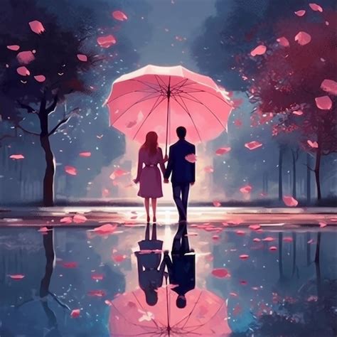 Premium AI Image | Anime couple walking in the rain with umbrellas in the rain generative ai