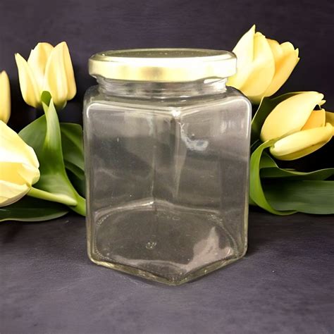 400 ML 500gm Honey Jar HEXAGONAL Glass Jar With Choice Of 70mm Metal