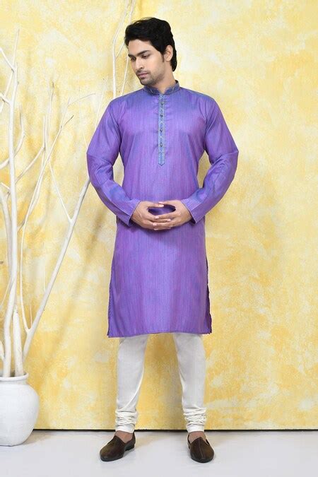 Buy Purple Cotton Silk Plain Solid Mandarin Collar Kurta Set For Men By