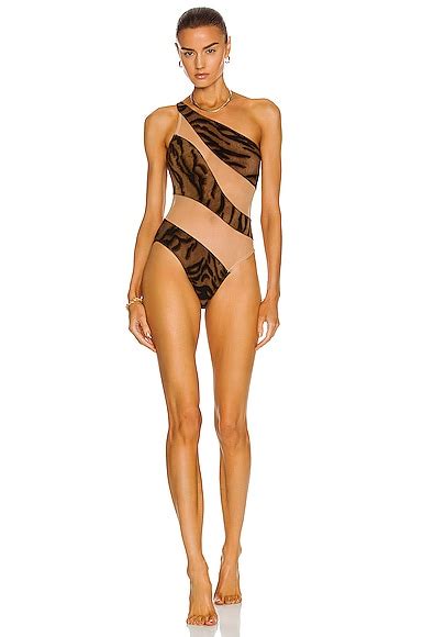 Norma Kamali Snake Mesh Mio One Piece Swimsuit In Brown Tiger Nude