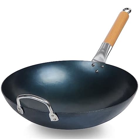 Mmlpes Wok Pre Seasoned Carbon Steel Wok Pan With Wood And