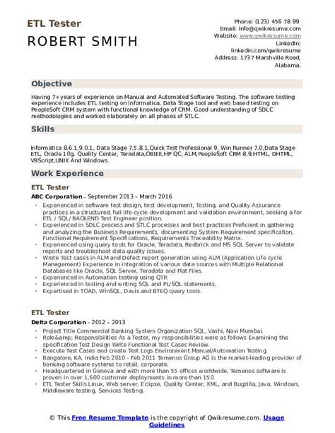 Etl Tester Resume Samples Qwikresume