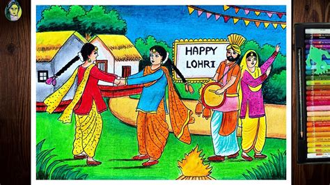 Lohri Festival Drawing With Oil Pastel How To Draw Scenery Of Lohri