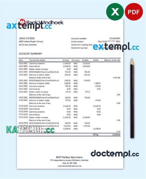 Sample Namibia Bank Windhoek Bank Statement Excel And Pdf Template Download