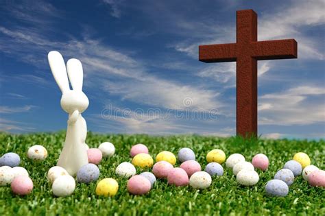 A White Bunny Easter Eggs And A Cross Stock Illustration