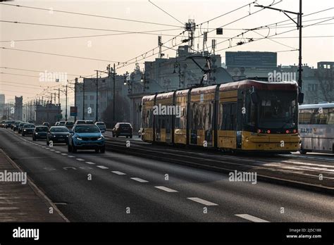 Warsaw Poland 03302022 Car Traffic Trams Run Through The Middle