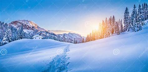 Winter Wonderland in the Alps with Mountain Chalet at Sunset Stock Image - Image of farm ...