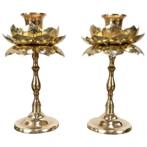 Pair Of Tall Brass Lotus Flower Candleholders By Feldman 1960s For Sale At 1stdibs