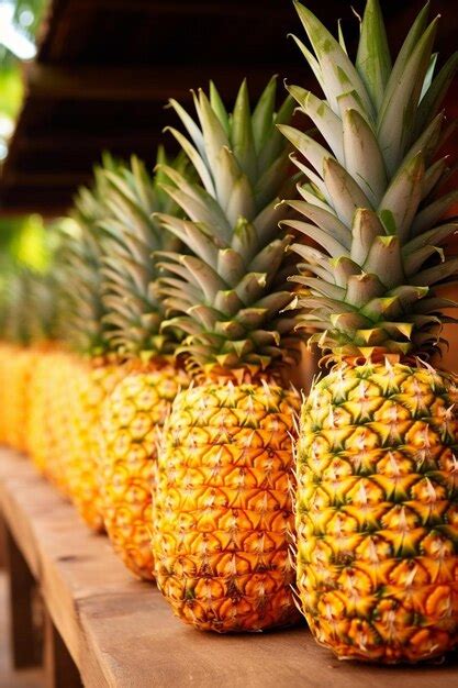 Premium Ai Image A Row Of Pineapples Sitting On Top Of A Wooden Table