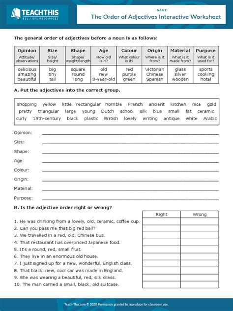 The Order Of Adjectives Interactive Worksheet Pdf Adjective