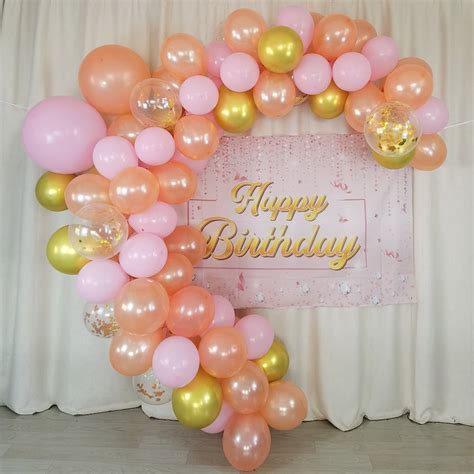 Rose Gold Balloons Garland Kit With Happy Birthday Banner Backdrop Pink