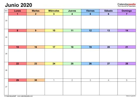 Calendario Junio 2020 En Word Excel Y Pdf Calendarpedia