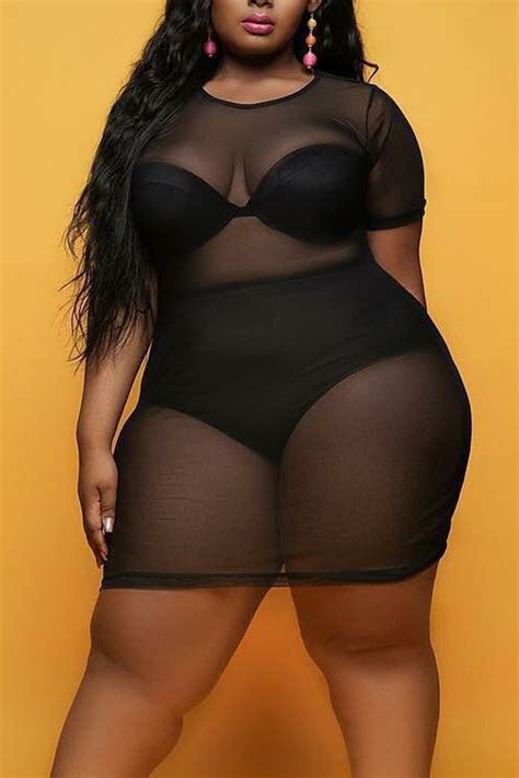 Black Sexy Solid Split Joint See Through O Neck Straight Plus Size Dressesplus Size