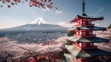 Pagoda With Cherry Blossoms And Mt Fuji In Front Background A Picture