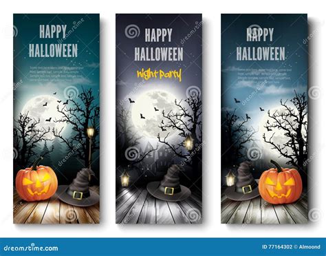 Three Holiday Halloween Banners With Pumpkins Stock Vector Illustration Of Horror Lantern