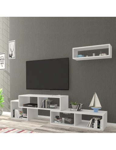 Meuble TV Blanc Moderne 170 cm avec 1 Etagère Murales Meuble Télé