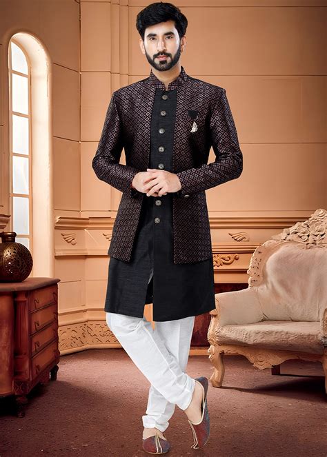 Black Woven Jacket Style Indo Western Sherwani Set Latest Mw