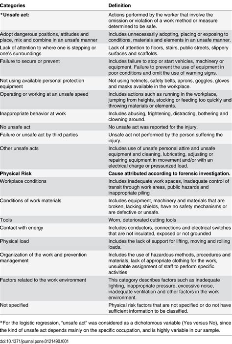 Definitions Of The Categories Of Unsafe Act And Physical Risk