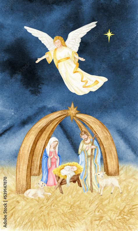 Watercolor Christmas nativity greeting card, nativity scene with the ...