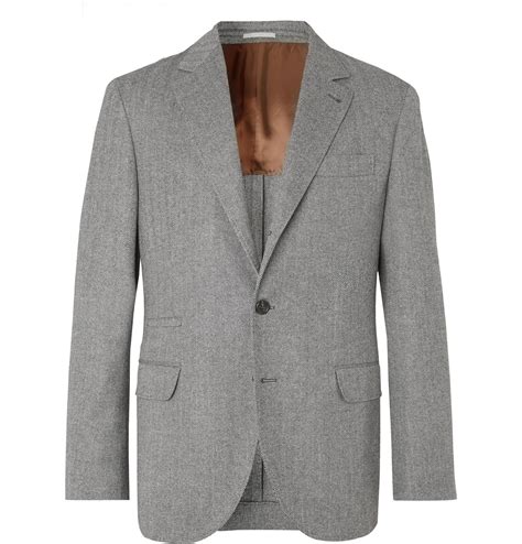 Brunello Cucinelli Grey Herringbone Virgin Wool And Cashmere Blend Suit