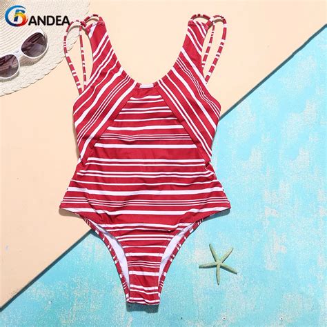 BANDEA 20018 Sexy Bikini One Piece Swimwear Women Red White Stripe