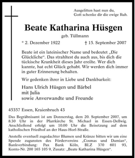 Traueranzeigen von Beate Katharina Hüsgen Trauer in NRW de