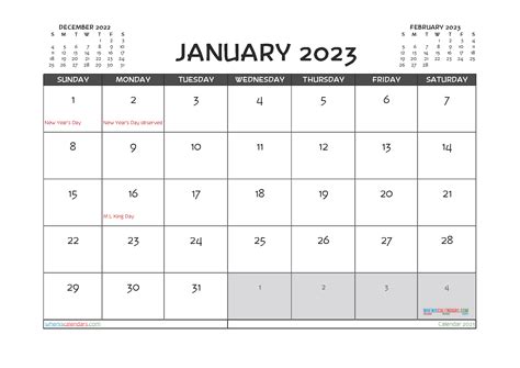 January 2023 Calendar With Holidays Printable