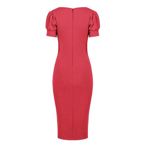 Red Puff Sleeve V Neck Bodycon Pencil Dress Pretty Kitty Fashion