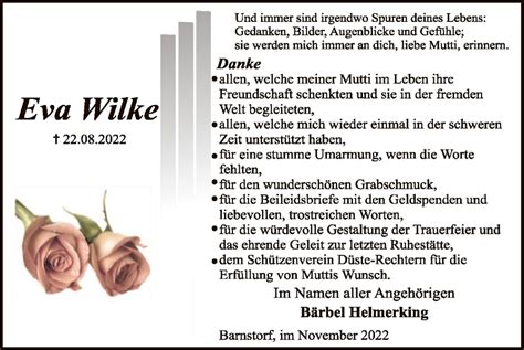 Traueranzeigen Von Eva Wilke Trauer Kreiszeitung De