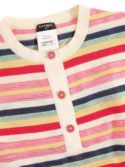 Boutique Chanel Multicolor Striped Knit Short Sleeve Top Red Pink