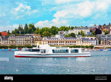 Tourist Cruise Boat On Lucerne Lake Near Lucerne Or Luzern City In