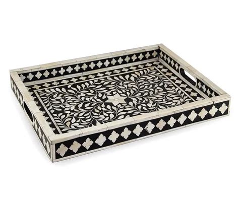 New Design Handcrafted Bone Inlay Serving Tray With Floral Pattern Used