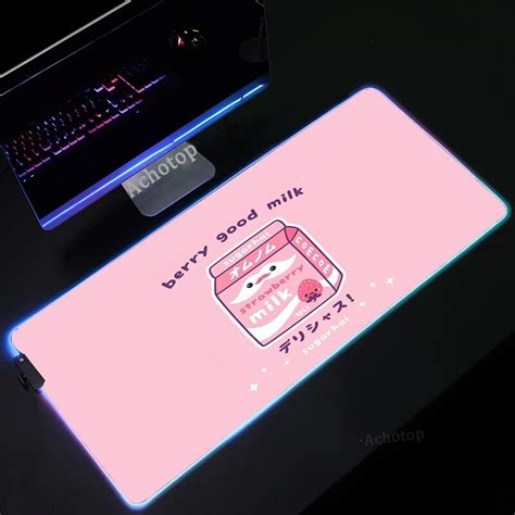 Kawaii Strawberry Milk RGB Mouse Pad Gamer XL Large Desktop Mousepads