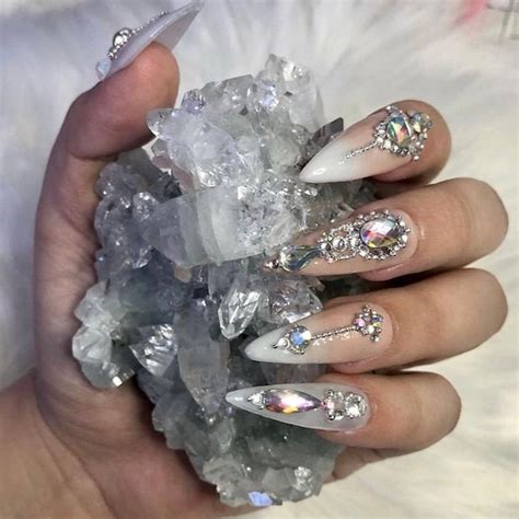 White Nude Glam Ombre Crystal Press On Nails Wedding Etsy