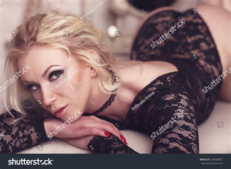 Sexy Woman Seductive Black Lingerie Stockings Stock Photo