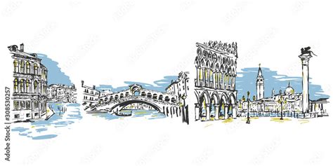 Vector Venice Italy Hand Drawn Sketch With Architecture Landmarks