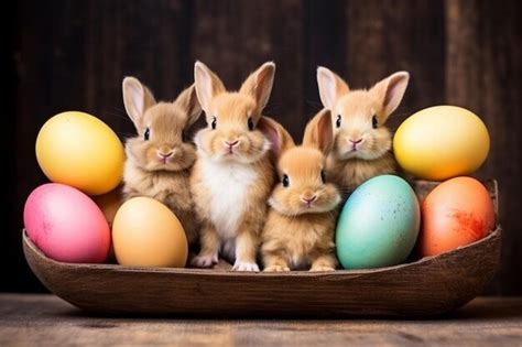 Premium Photo Group Of Cute Rabbits And Eggs Easter