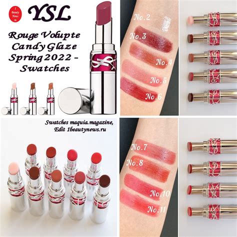 Свотчи новых глянцевых губных помад YSL Rouge Volupte Candy Glaze