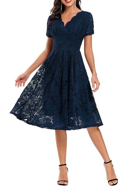 PYL Cocktailkleid Damen Elegant Cocktailkleid Mit Spitze Kurzarm 38 48