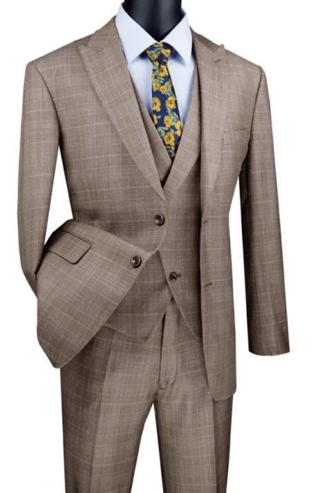 Tan Plaid Suit Vested Suit 3 Piece Suits Peak Lapel Su