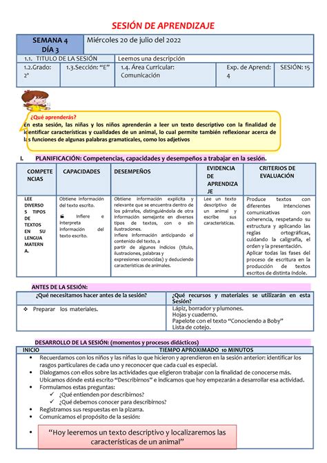 Sesión 15 Leemos UN Texto Descriptivo SESIÓN DE APRENDIZAJE SEMANA