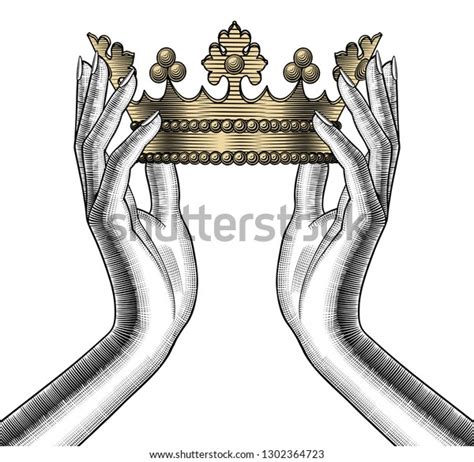 Female Hands Holding A Gold Crown Vintage Engraving Stylized Drawing