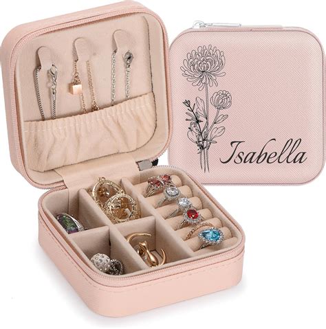 Spetyort Custom Name Jewelry Box With Birth Flower Personalized