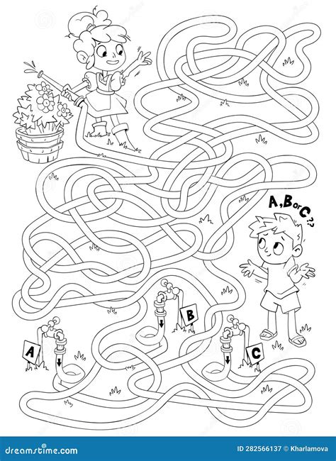 Children Logic Game To Pass the Maze. Girl and Boy Watering Flowers