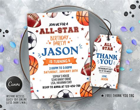 Editable Sports Birthday Invitation Template Printable Etsy