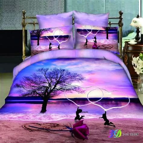 Fashion Home Textile Sets Lake Sunset Lovers Rose 3d Beach Bedding Set Light Purple Duvet Cover