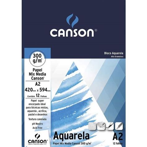 Bloco Para Desenho Aquarela A2 Branco 300g C 12 Fls Canson Na Papelaria