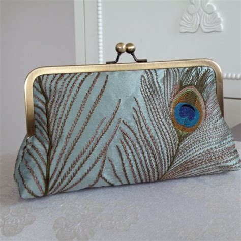 Peacock Feathers Embroidered Silk Clutch Purse Bag Bridesmaid Gift